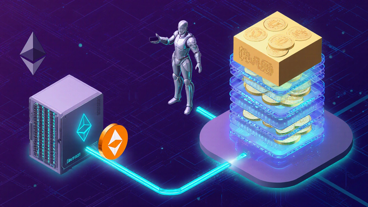 Isometrische 3‑D‑Darstellung des Transaktionswegs durch Node, Mempool‑Warteschlange und Validator.