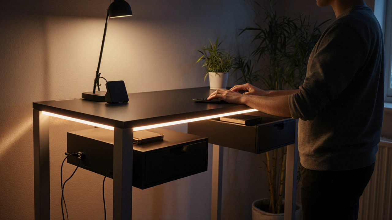 Abendliche Szene eines aufgeräumten Stehschreibtisches mit LED‑Beleuchtung und Pflanzen.