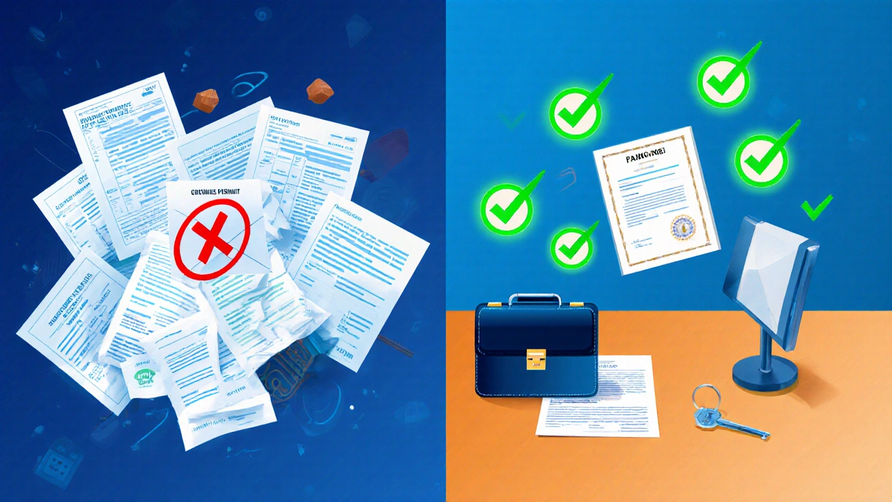 Chaotische Papiere vs. organisierte Dokumente beim Immobilienkauf in Italien