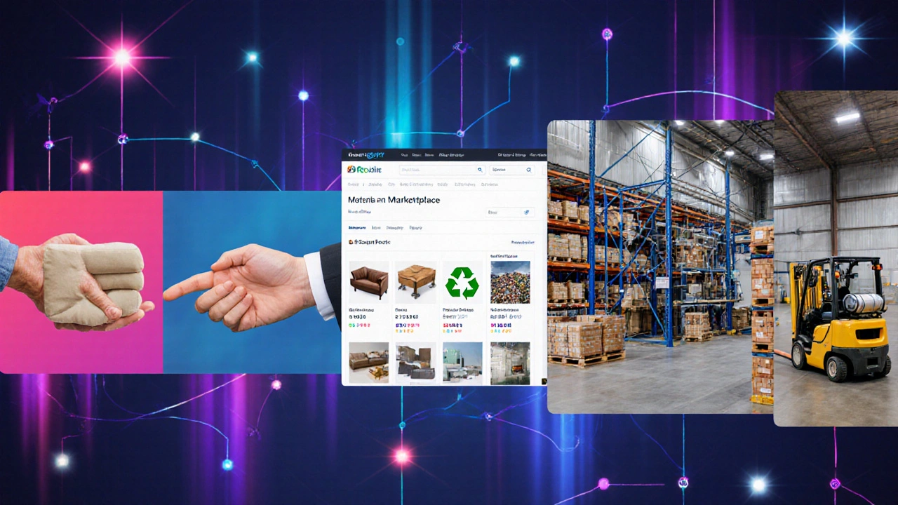 Collage zeigt Spende, Online‑Verkauf, Recycling und B2B‑Lager für überschüssige Möbel.