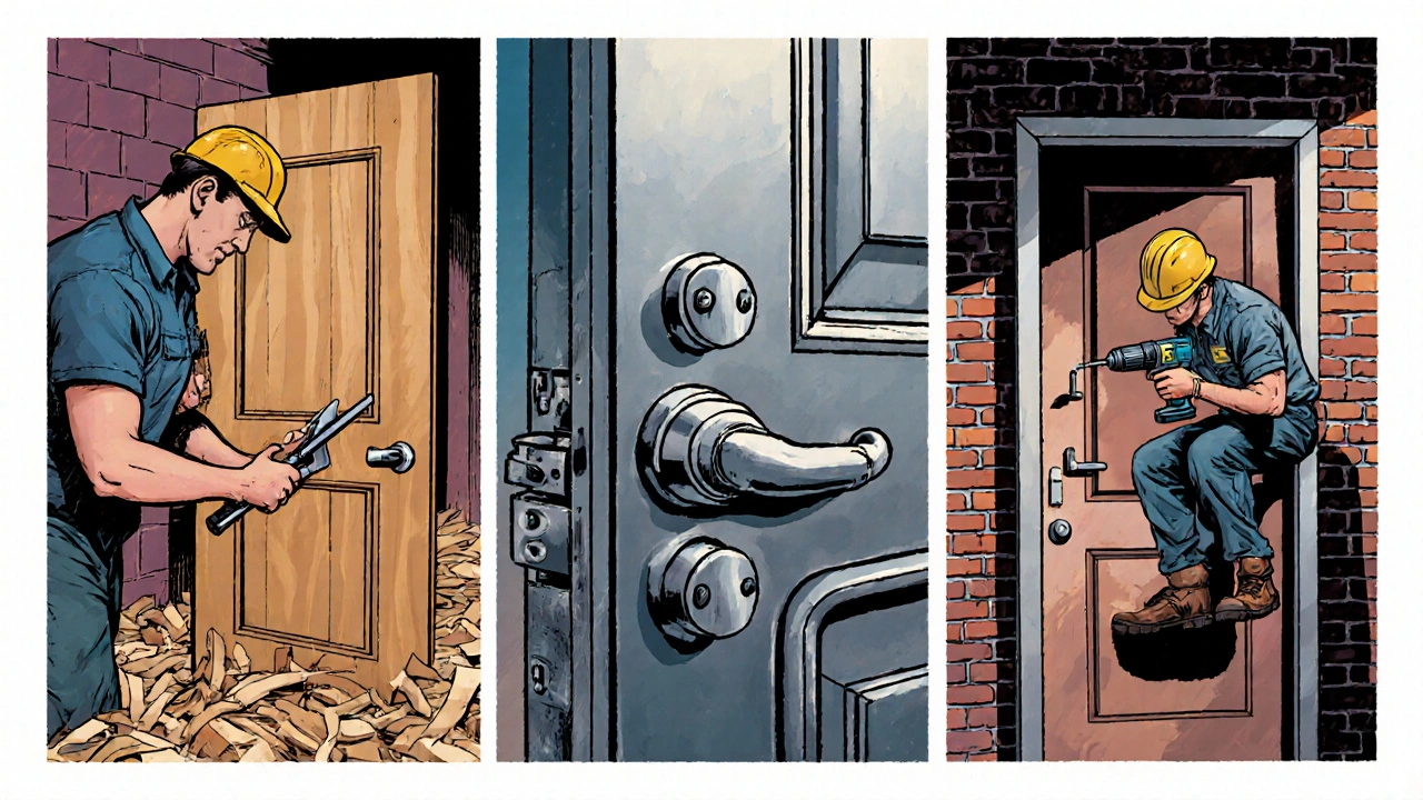 Comic‑Style‑Panel mit Tischler, Schlosser und Zimmermann beim Türeinbau.