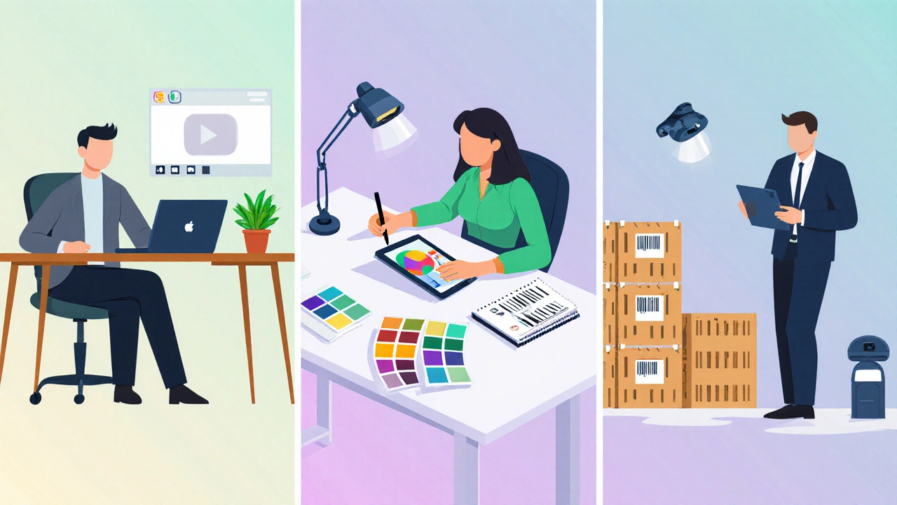 Drei Panels: Arbeitnehmer‑Homeoffice, Freelancer‑Design, Geschäft‑Lager mit Tablet‑Einsatz.