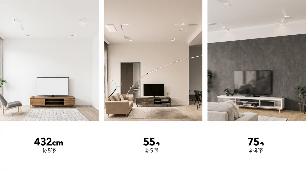 Drei Wohnzimmer mit Lowboards von 40 cm, 45 cm und 52 cm zu passenden TV‑Größen.