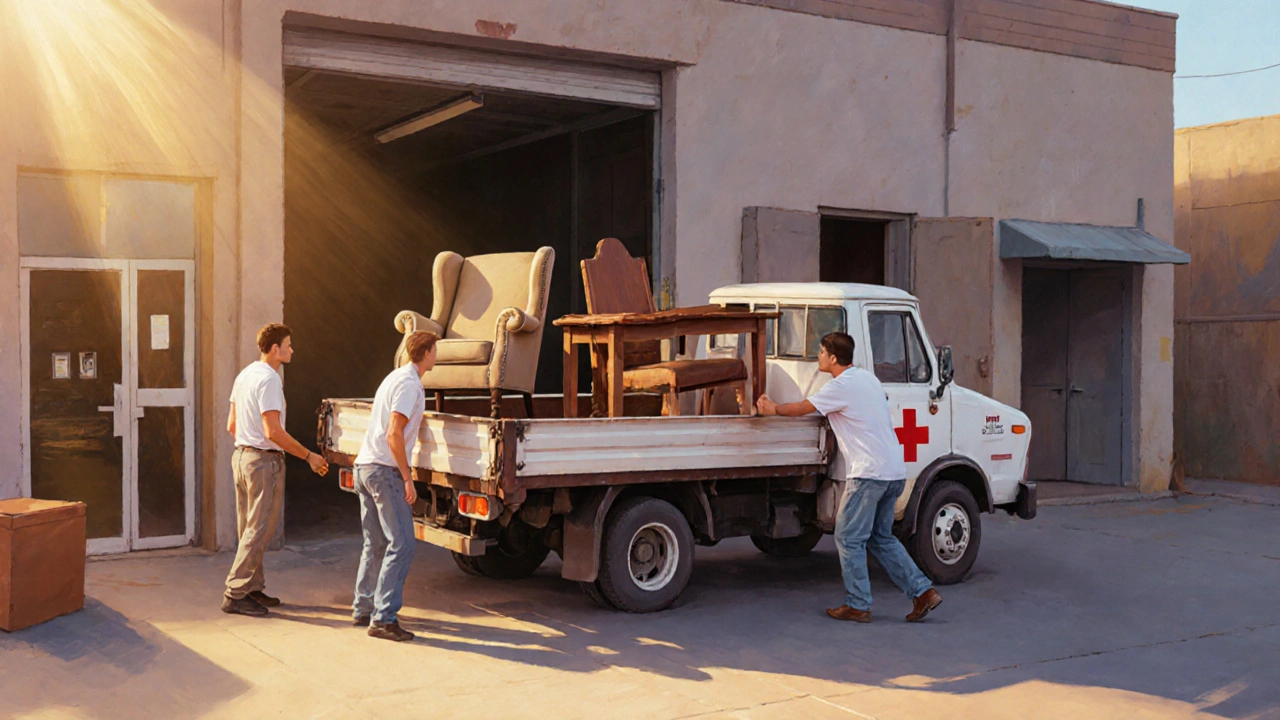 Freiwillige beladen Geschenkmöbel in einen Rotkreuz‑LKW, sonniger Nachmittag.
