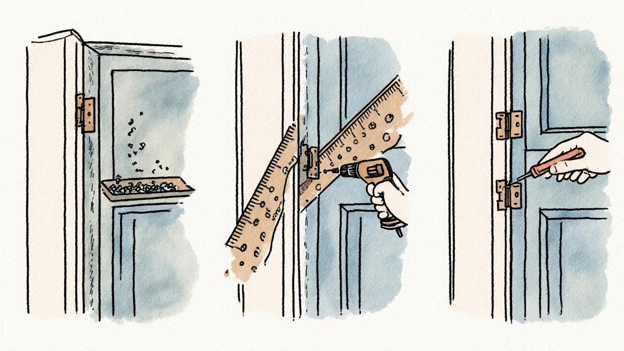 Illustration zeigt alte Tür entfernen, Löcher bohren, neue Tür einsetzen.