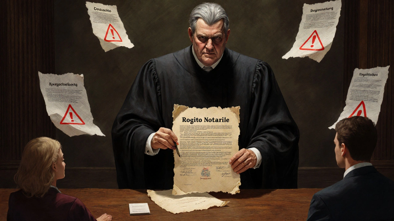 Italienischer Notar unterschreibt Kaufvertrag, während Käufer besorgt zusehen