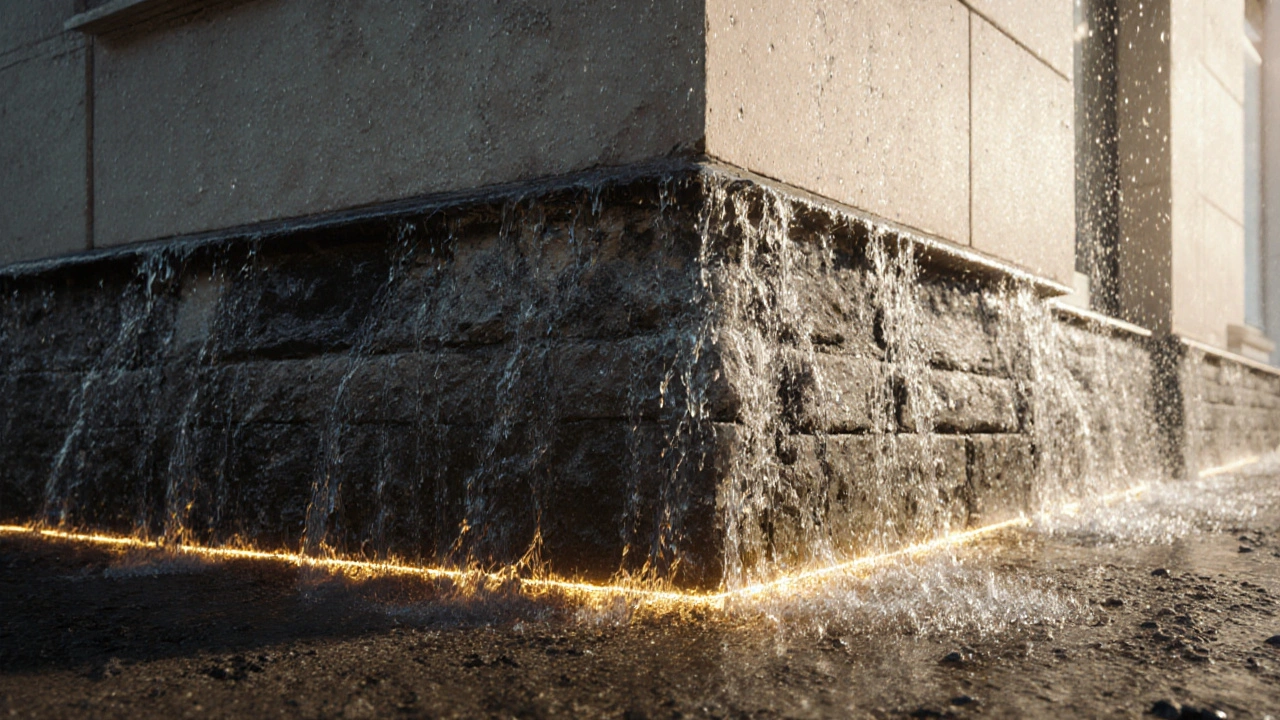 Künstlerische Darstellung feuchter Sockelbereich mit schützendem Barrierenlicht, trockenes Gebäude darüber