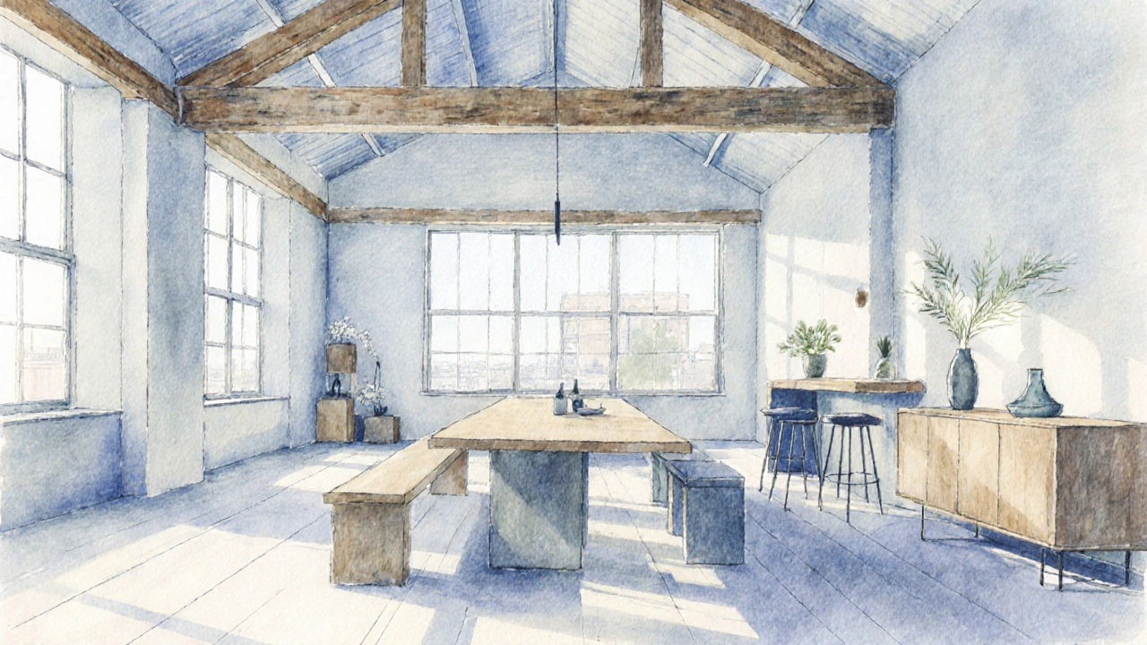 Lichtdurchfluteter Loft mit ausziehbarem Tisch, Bank und Barhockern, großzügige Raumwirkung.