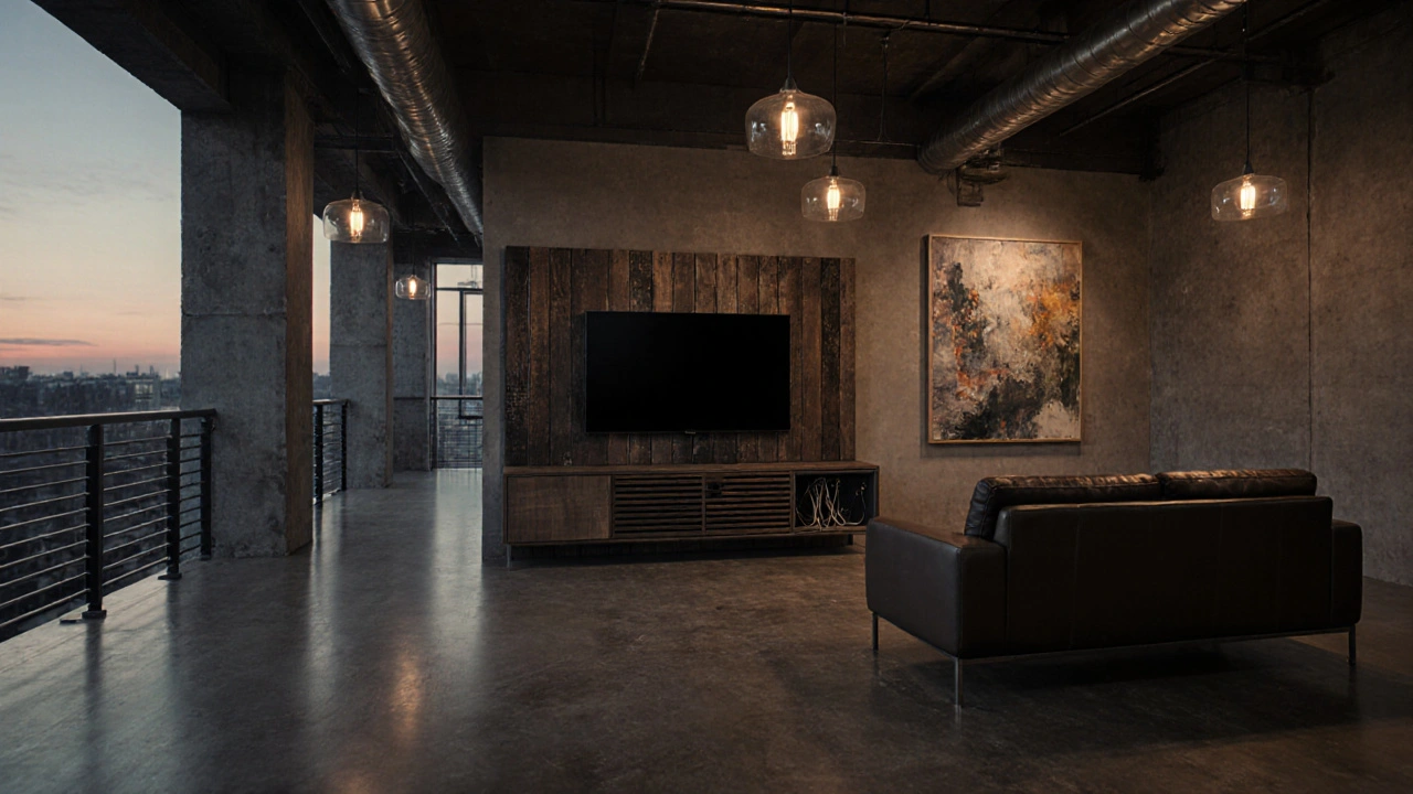 Offener Loft mit hohem Lowboard (52 cm) und großer TV, Kabel ordentlich im Hintergrund.