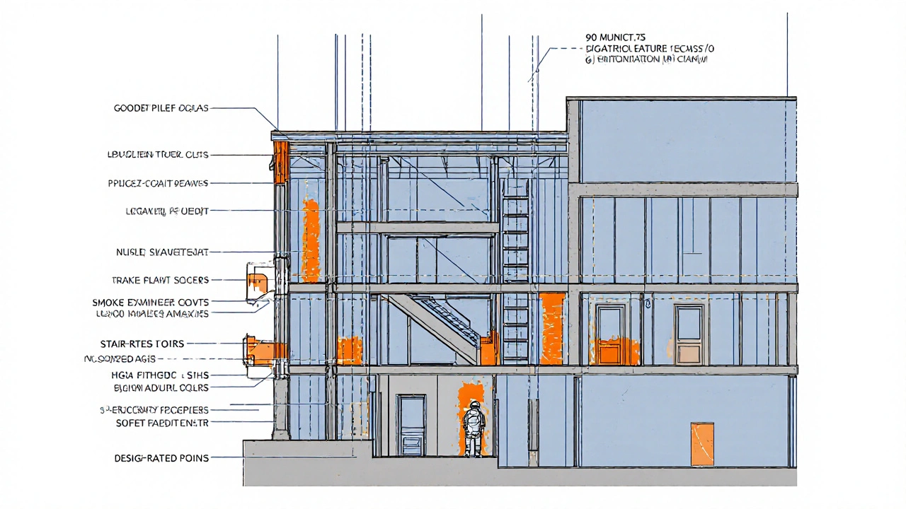Querschnitt eines Gebäudeklasse-4-Hauses mit feuerbeständigen Holzbalken, Rauchabzügen und Brandschutztüren.
