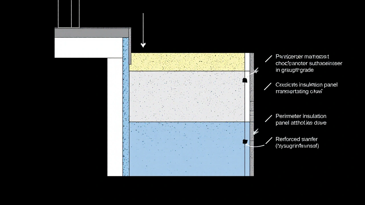 Querschnitt eines Sockels mit Abdichtung, Perimeterdämmung und verstärktem Putz, Wasserströme visualisiert