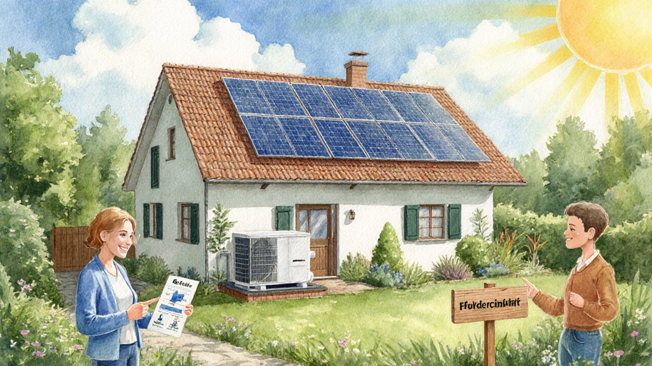 Renoviertes Einfamilienhaus mit Schalldämmung, Solarpanelen und KfW-Förderschild.