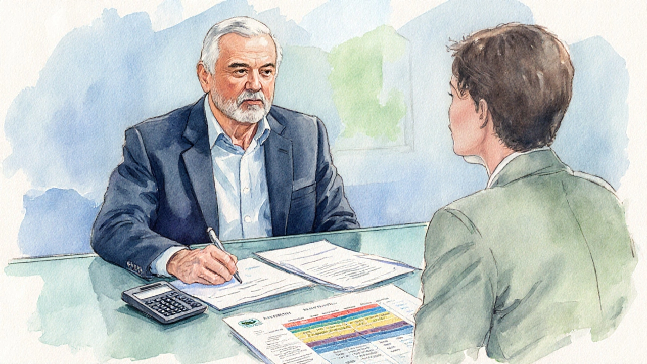 Senior im Anzug berät sich mit Bankberater, Papierkram und Taschenrechner auf dem Tisch.
