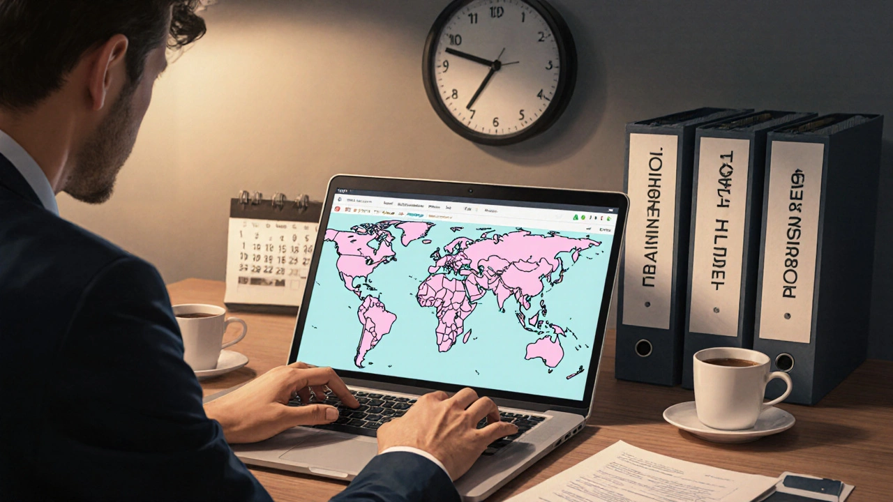 Steuerberater in Büro, prüft internationale Immobilienwerte auf Laptop mit dringendem Zeitdruck.