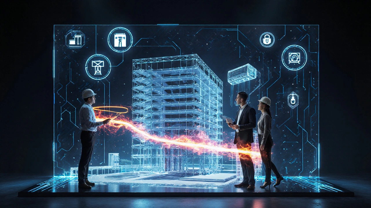 Team von Planern analysiert ein digitales 3D-Gebäudemodell mit simulierten Rauchströmen und Fluchtwegen.