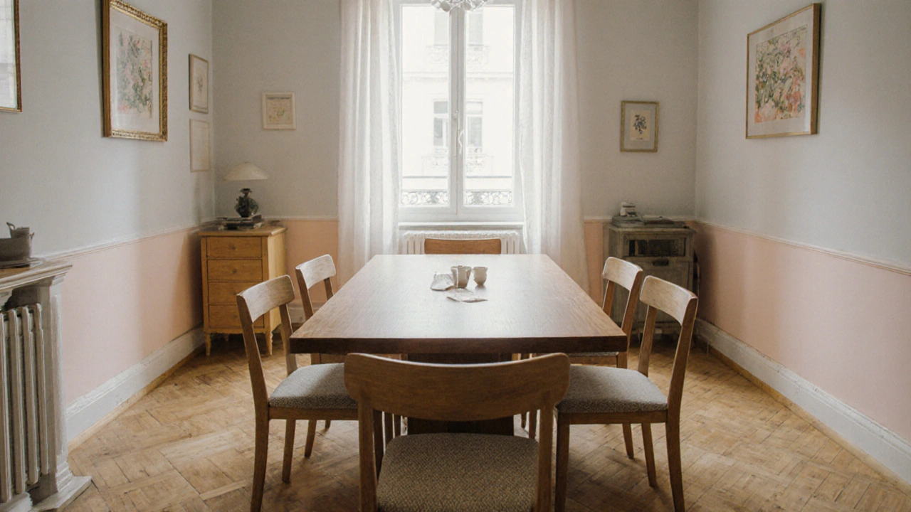 Vietnamesisches Wohnungsinterieur mit 180 × 90 cm Tisch, sechs Stühlen und klaren Freiräumen.
