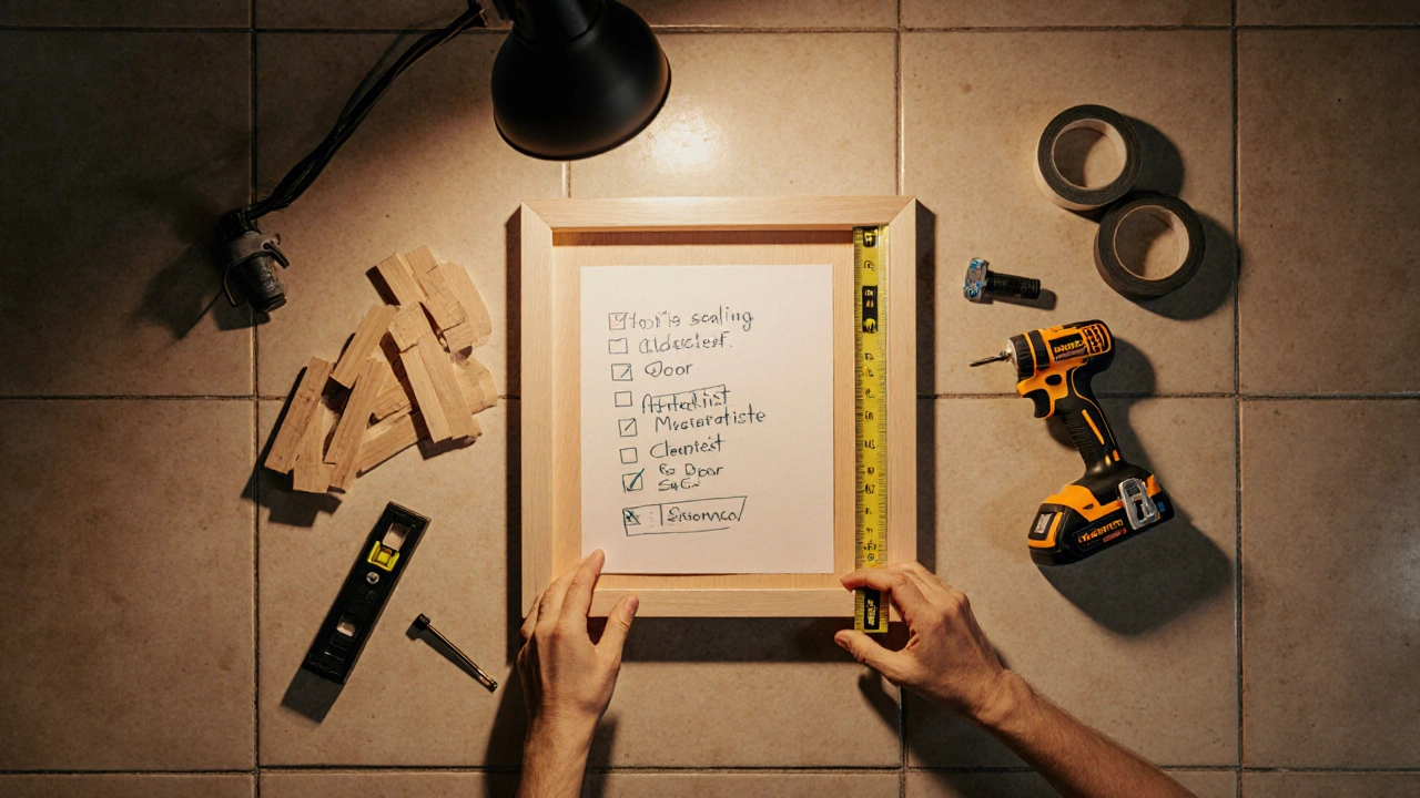 Vogelperspektive: DIY‑Arbeitsplatz mit Tür, Messband und Werkzeugen.