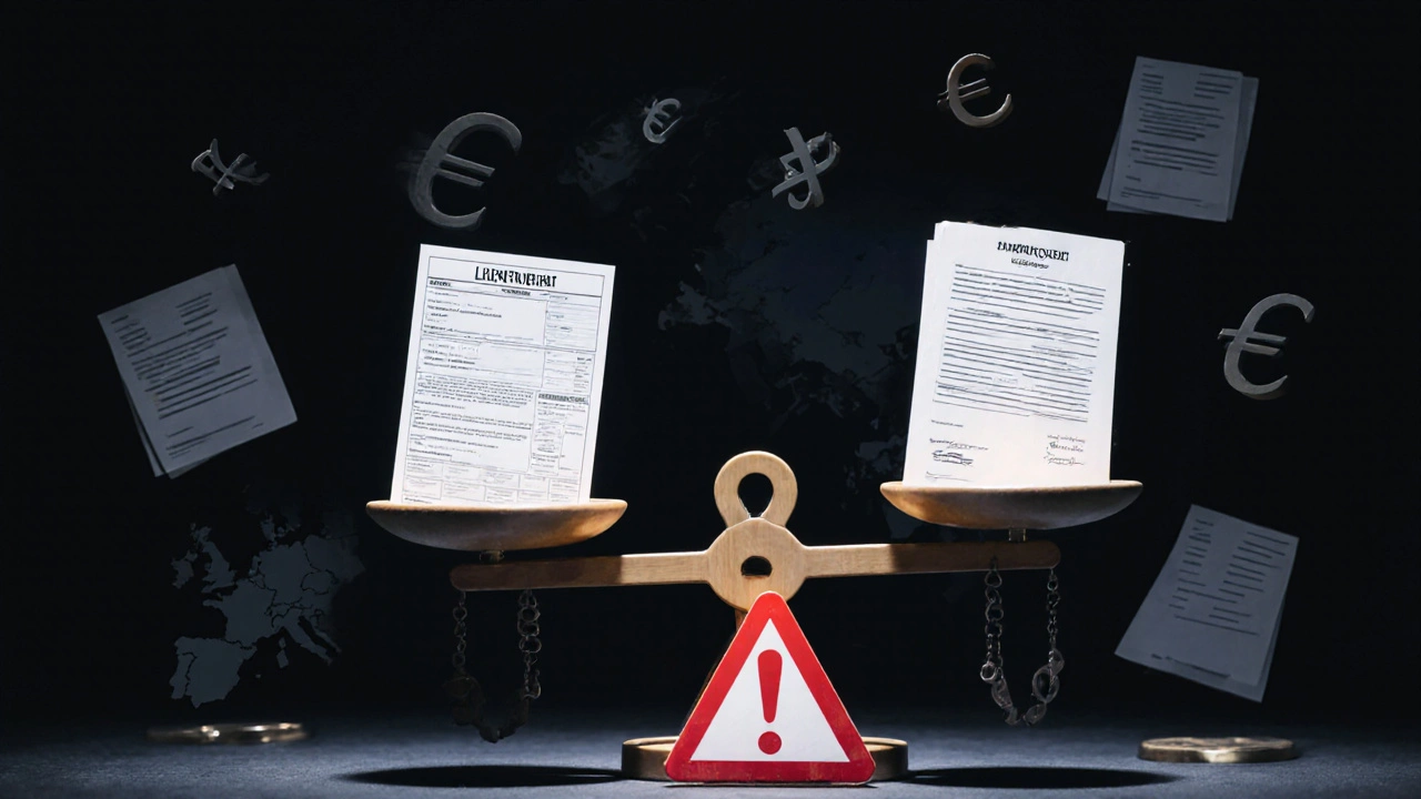Waage mit deutschem Steuerformular und spanischem Grundbuch, symbolisch für Doppelbesteuerung.
