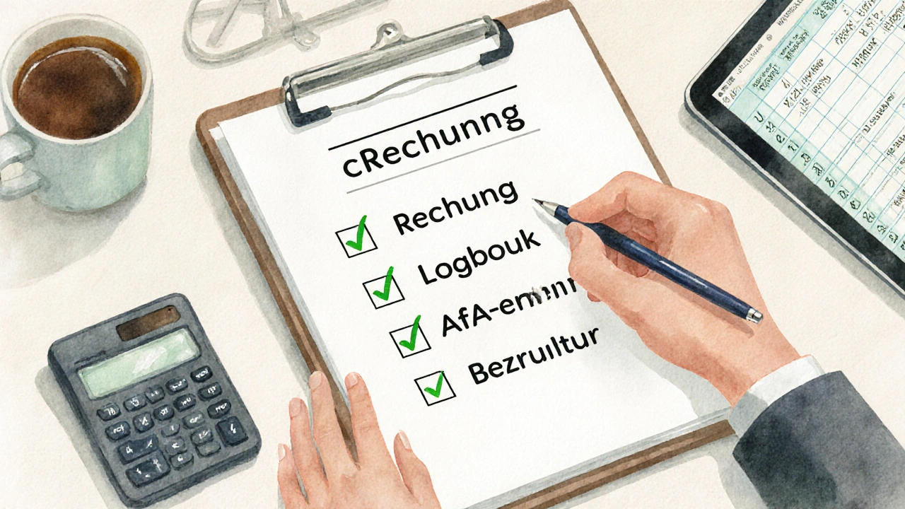 Wasserfarben‑Desk mit Checkliste, Stift, Tablet und Taschenrechner für Steuerabzug.