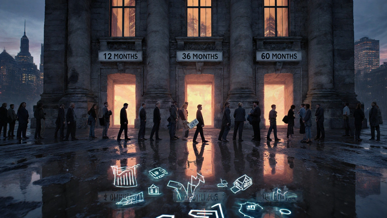 Anleger stehen in einer langen Schlage vor einem Gebäude mit Laufzeit-Türen, hinter ihnen eine deutsche Stadt.