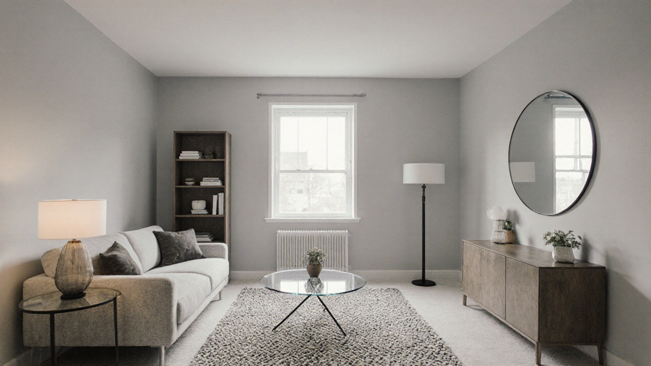 Aufgeräumtes Wohnzimmer mit nur fünf Möbelstücken, heller Decke und spiegelndem Akzent, wirkt offen und luftig.