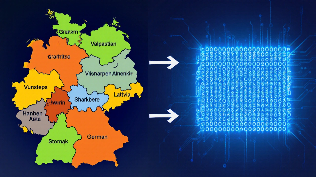 Deutschland als zerstückelte Landkarte mit unterschiedlichen Grundbuchsystemen, gegenüber einer einheitlichen digitalen Plattform aus Lettland.