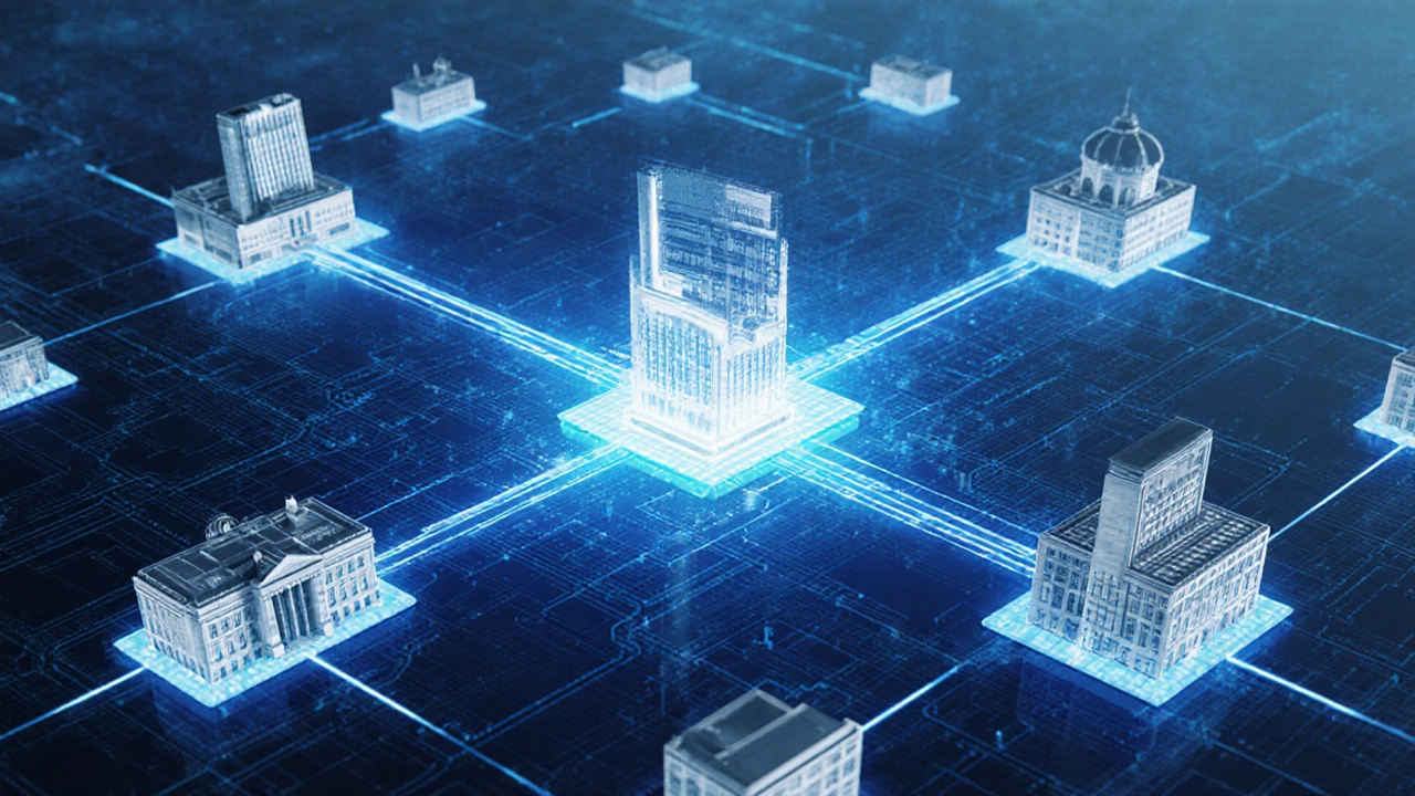 Digitales Netzwerk aus Behörden und Notaren, die sicher Dokumente über das eNoVA-Portal austauschen, dargestellt als leuchtende Datenströme.