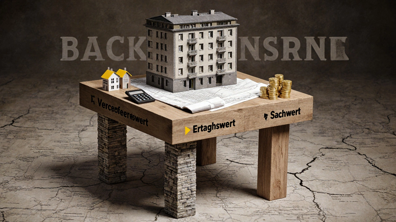 Dreibeiniger Hocker mit Symbolen für Vergleichswert, Ertragswert und Sachwert, der ein Haus trägt.