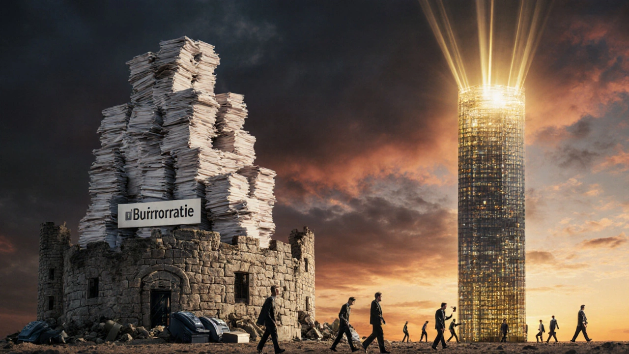 Ein alter, aus Papier gebauter Verwaltungs-Turm bricht zusammen, während eine moderne digitale Grundbuch-Struktur aufsteigt.