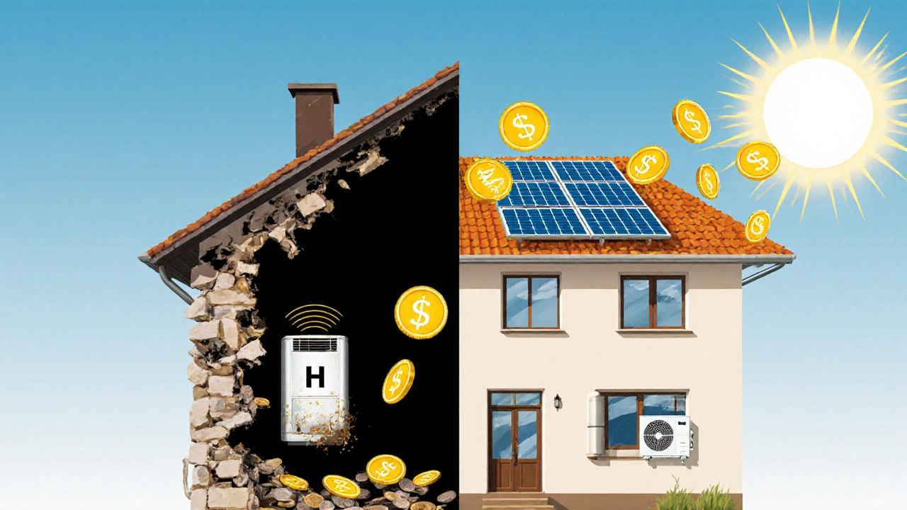 Ein Haus, das halb verfällt und halb modernisiert ist, mit fallenden und steigenden Münzen als Symbol für Wertverlust und -zuwachs.