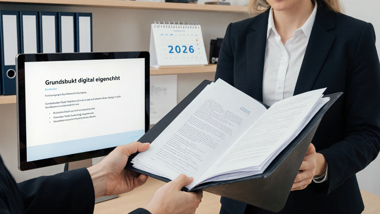 Ein Kunde reicht einem Notar Dokumente ein, während ein Bildschirm die digitale Eintragung bestätigt.