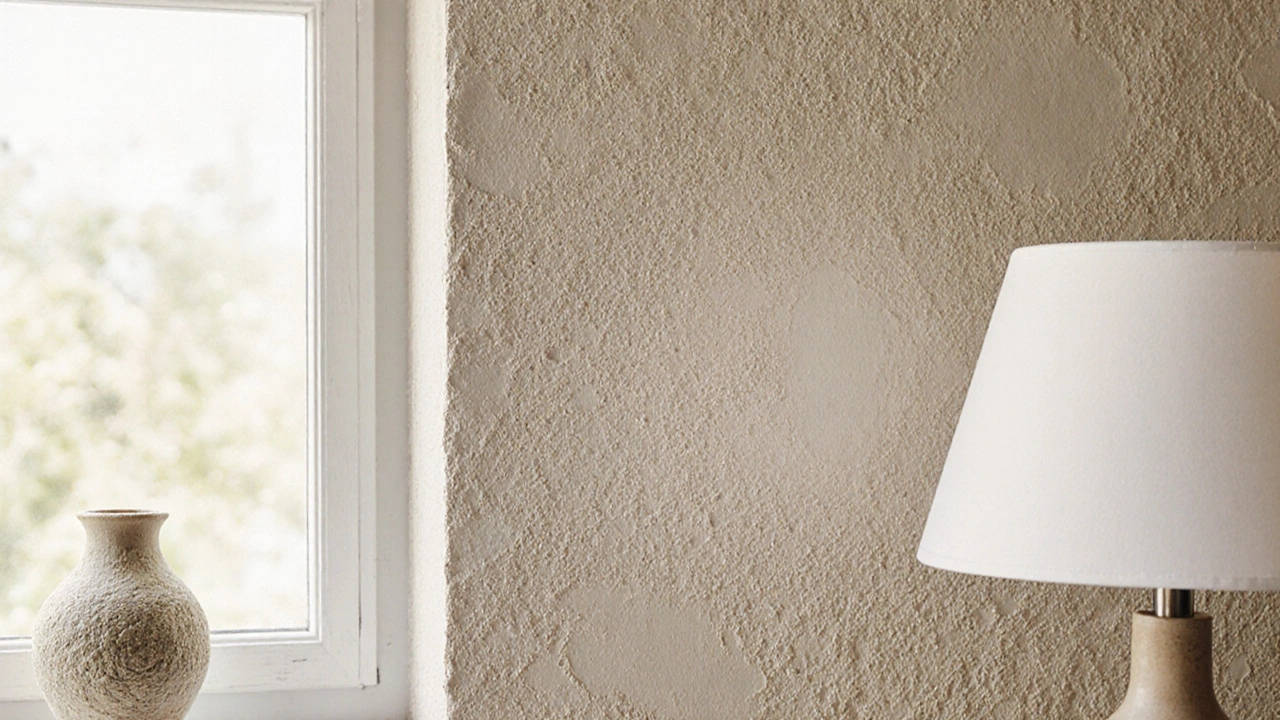 Eine strukturierte, matte beige Wand mit mineralischer Oberfläche, beleuchtet von warmem Licht, neben einem weißen Fensterbrett und einer rauen Keramikvase.