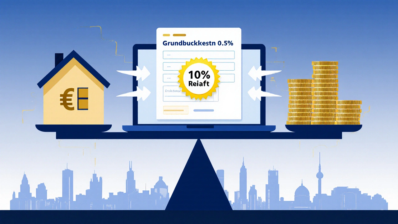 Eine Waage zeigt die Grundbuchkosten von 0,5 % gegenüber einem Haus, mit digitalem 10%-Rabatt-Symbol.