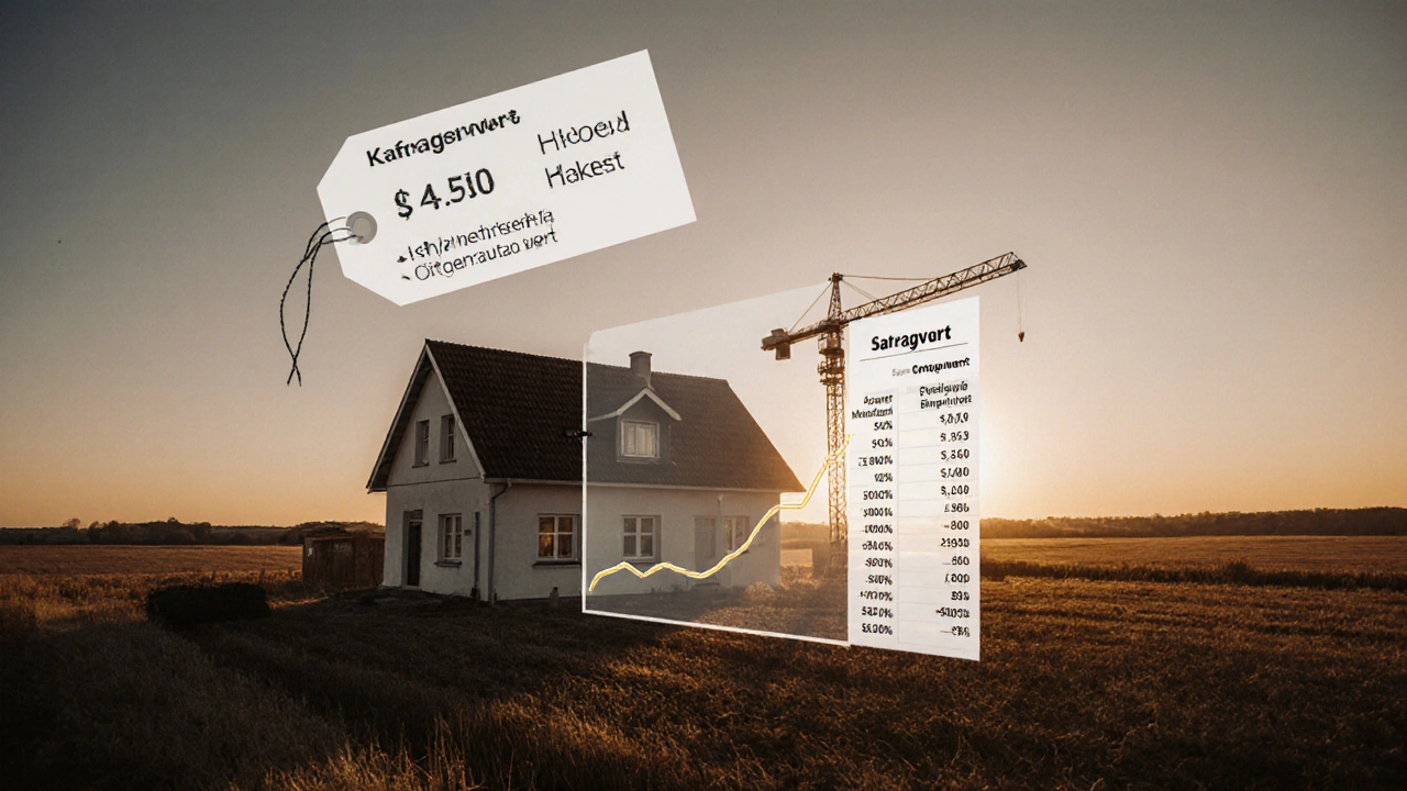 Einfamilienhaus im Land mit drei durchscheinenden Werteverläufen über dem Grundstück.