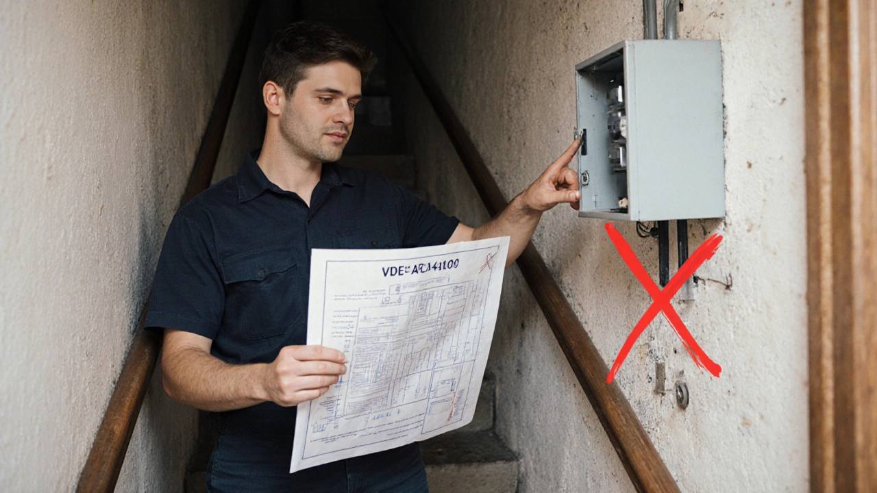 Elektriker in engem Treppenhaus vergleicht veralteten Zählerplatz mit neuem, normgerechtem Schrank – rotes X markiert Nichtkonformität.