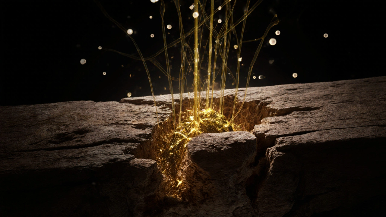 Epoxidharz dringt in morsches Holz ein, visualisiert als leuchtende Fasern in der Holzstruktur.