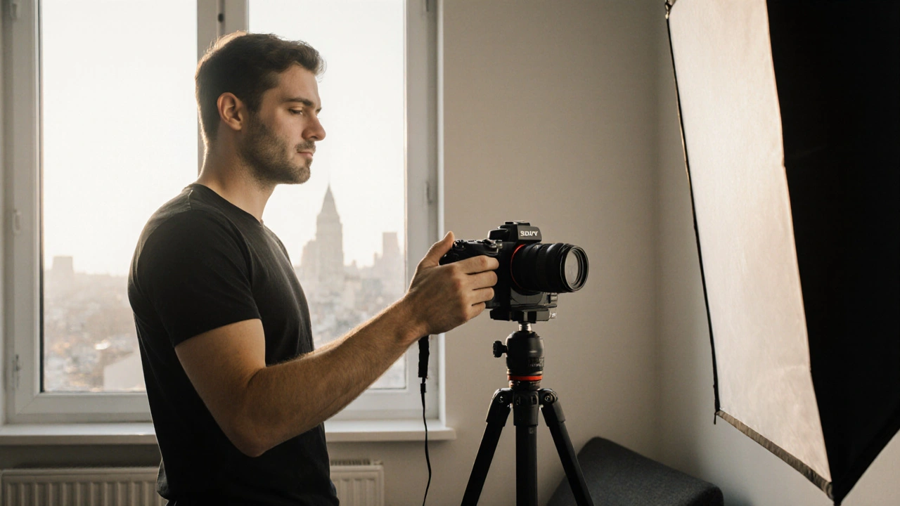 Fotograf stellt eine Systemkamera mit Weitwinkelobjektiv und Softbox auf Stativ ein, um ein modernes Wohnzimmer optimal auszuleuchten.