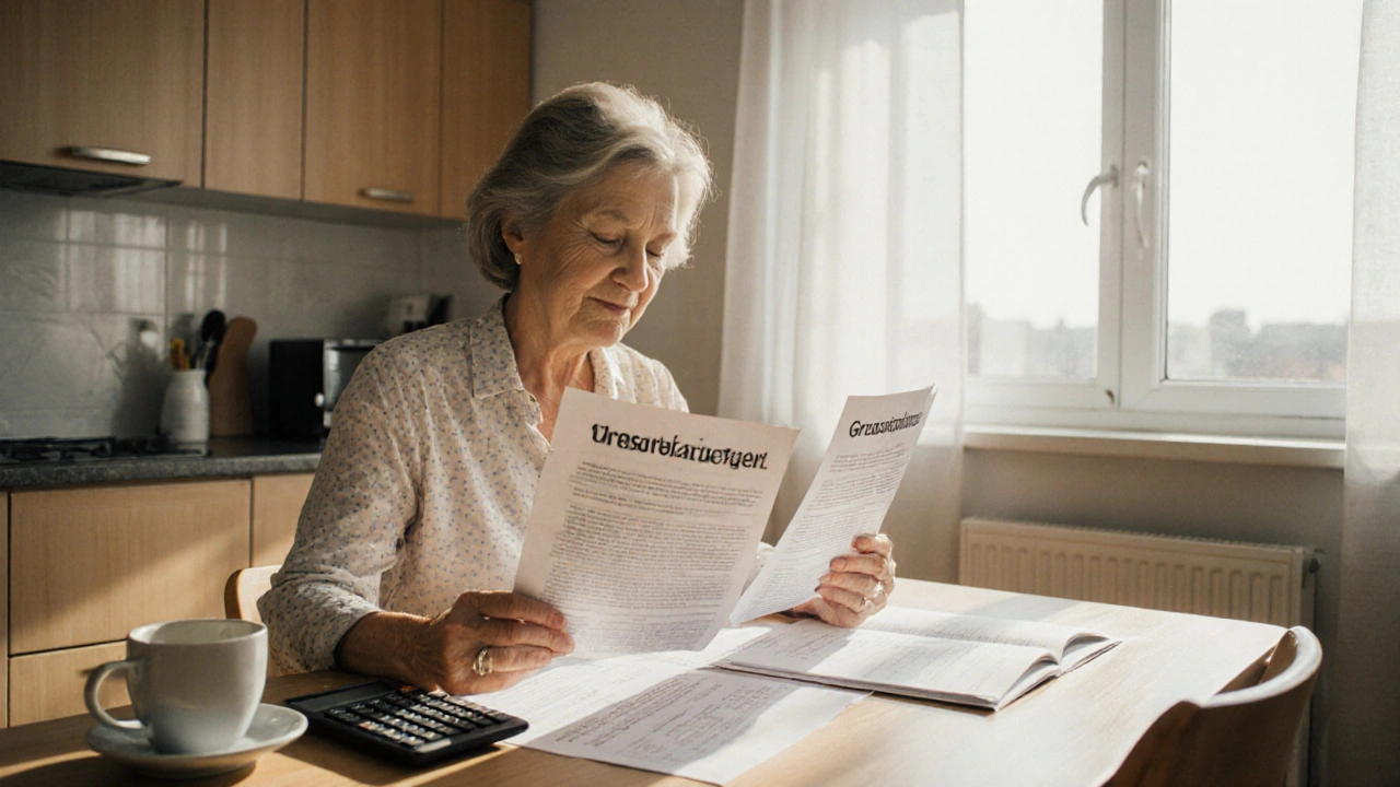 Frau vergleicht drei Gutachterangebote an einem Küchentisch mit Grundbuchauszug und Kaffee.