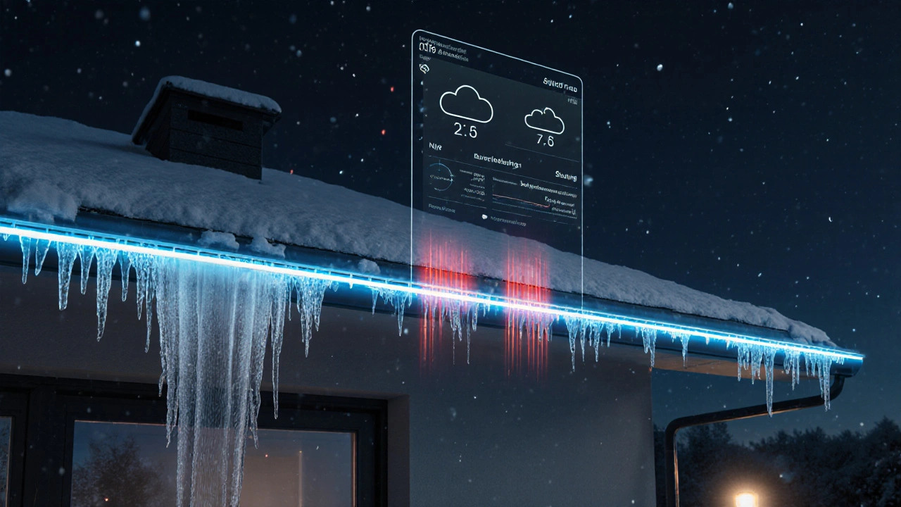 Futuristische Darstellung einer intelligenten Dachrinnenheizung mit digitaler Energieanzeige.