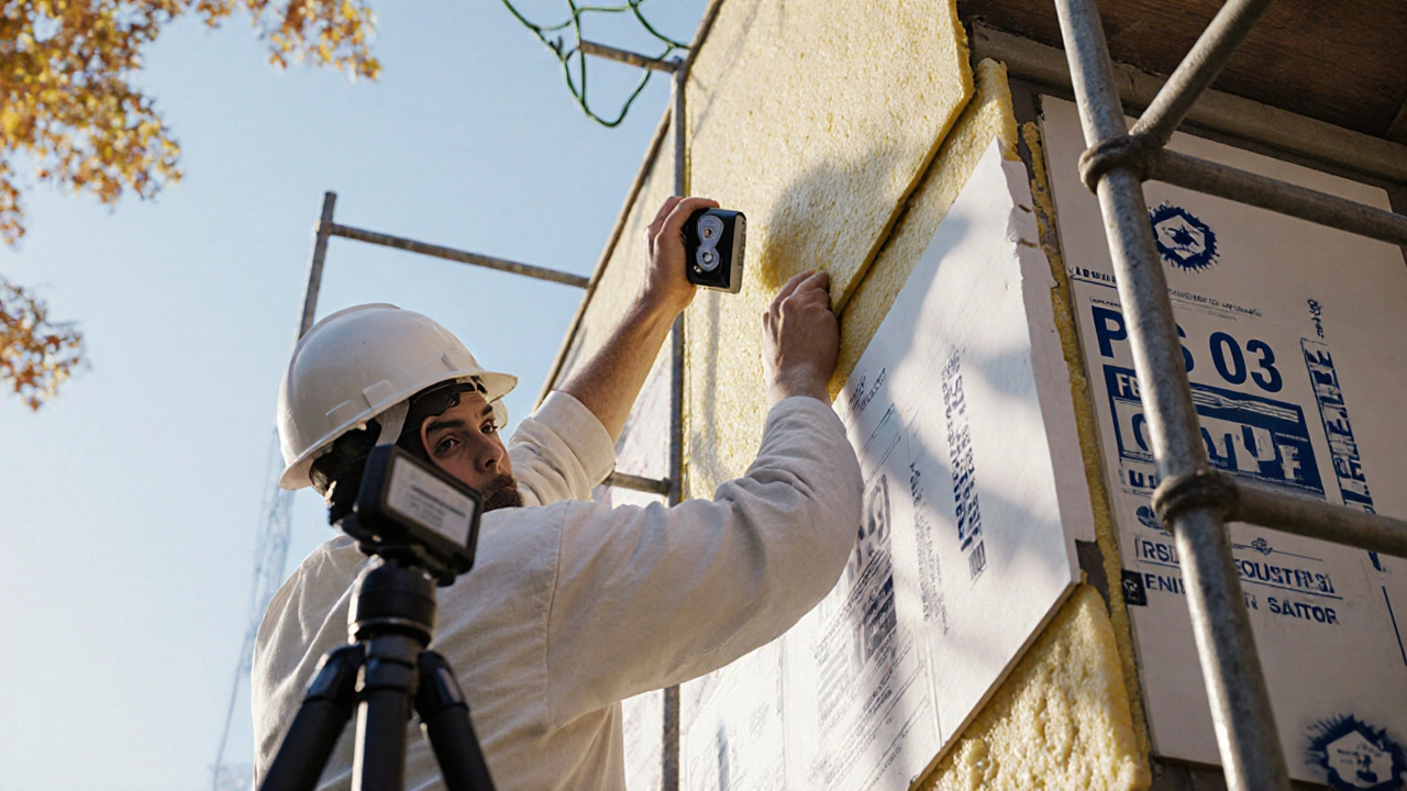 Handwerker verkleben Wärmedämmplatten vollflächig an einer Fassade unter kontrollierten Bedingungen.