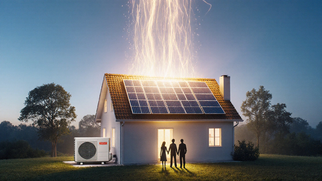 Haus mit energieeffizientem Dach, das sich in Solaranlage und Wärmepumpe verwandelt, symbolische Energiewellen.