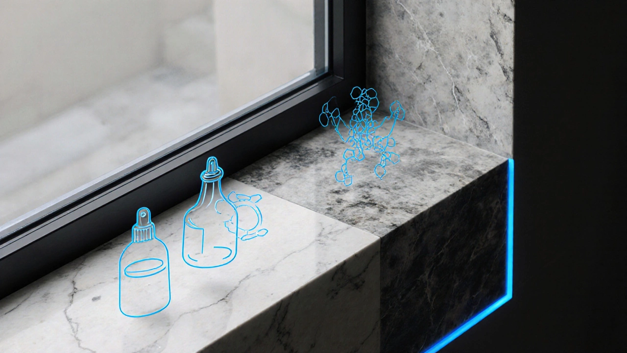 Hybrid-Fensterbank: links Naturstein mit Rissen, rechts Kunststein mit selbstheilender Oberfläche.