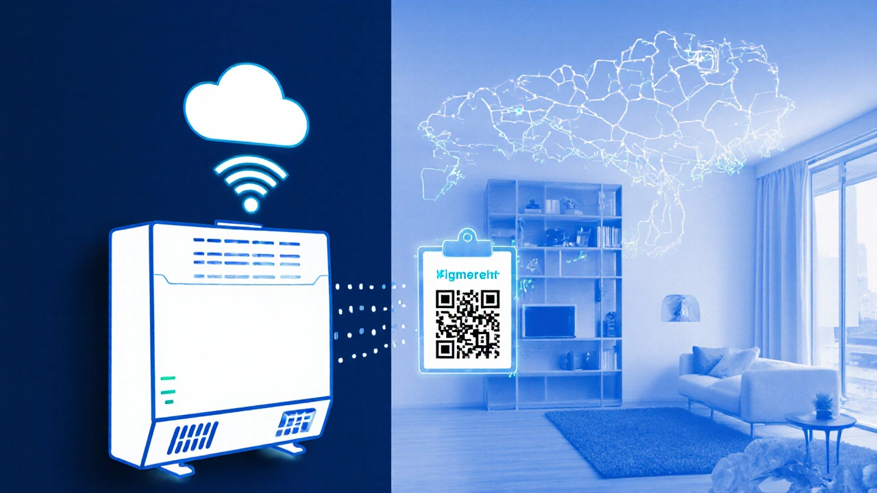 Intelligente Heizung mit Sensoren und digitalem Wartungsprotokoll in Cloud.