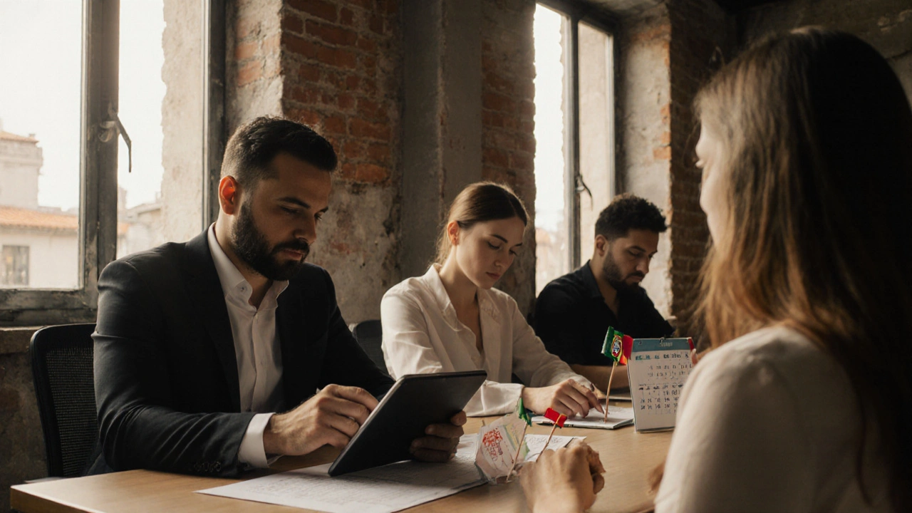 Internationale Investoren in einem portugiesischen Co-Working-Space, die Fondsverträge prüfen und Portugiesisch-Lernmaterialien nutzen.