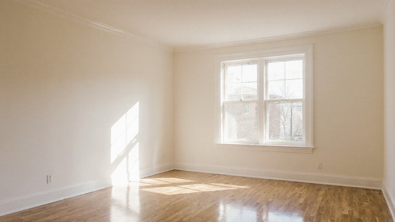 Lichtdurchflutetes Wohnzimmer mit neutral weißen Wänden und poliertem Holzboden