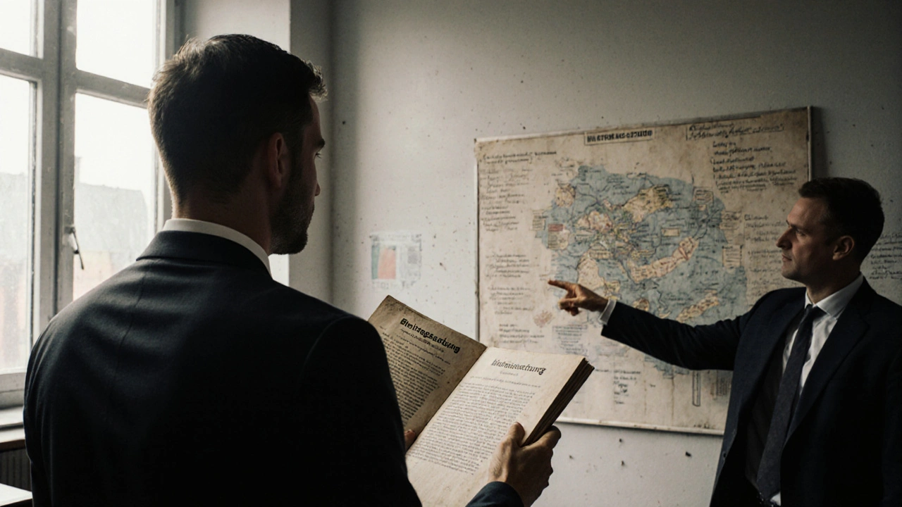 Mann in Amtsstube hält dicken Satzungsband, Mitarbeiter zeigt auf komplizierte Planungsübersicht.