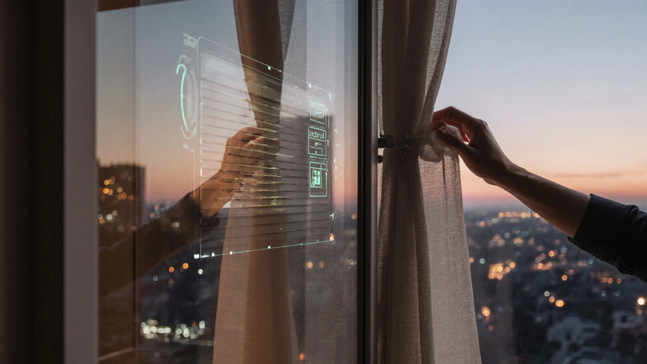 Motorisiertes Rollos senkt sich abends automatisch, während eine Hand einen Leinenvorhang manuell öffnet.