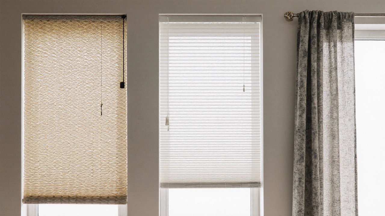 Nahaufnahme von drei modernen Fensterdekorationen: Plissee, Zellstoffrollo und Baumwollvorhang mit natürlichen Materialien.