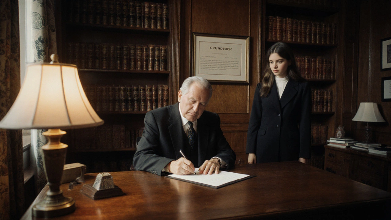Notarbüro in Deutschland, älterer Mann unterschreibt Vertrag, Grundbuch-Eintrag an der Wand.