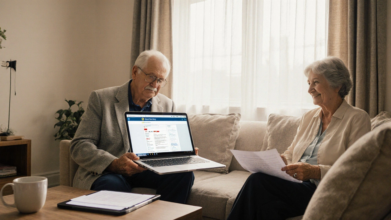 Paar prüft gemeinsam digitale Immobilienunterlagen am Laptop, mit digitaler Unterschriftspad und gedruckten Papieren auf dem Tisch.
